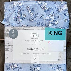 FARMHOUSE Shabby Chic RUFFLED BLUE FLORAL Sheet Set KING SIZE (BLUE BKGD)